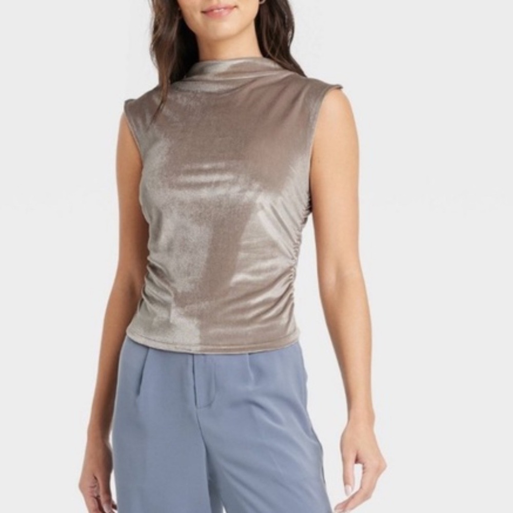 A New Day Sleeveless Mock Neck Top Velvet Velour Tan Taupe Champagne Size Medium